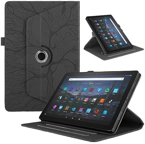 TEDTIKJT Tabletas Funda Compatible Amazon Fire HD 8/HD 8 Plus (2022 12th Gen/2020 10th Gen) PU Cuero Cover Protectora 360°Carcasa Giratoria de ángulo Múltiple con Auto-Sueño/Estela,Negro Árboles