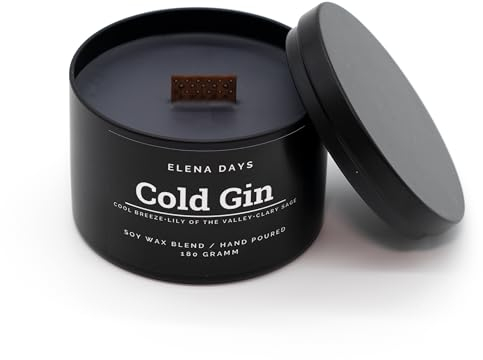 Elena Days Duftkerze aus Sojawachs mit knisterndem Holzdocht, starker Duft, gleichmäßiges langes Brennen 45h, Entspannung Geschenk für Männer und Jungen, schwarze Kerze mit Deckel, 180g (Cold Gin)