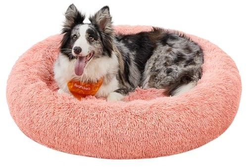 Feandrea Hundebett flauschig, Katzenbett, Donut Kissen, waschbar, Polsterung in der Mitte herausnehmbar, Langer Plüsch, 100 cm Durchmesser, rosa PGW042R01