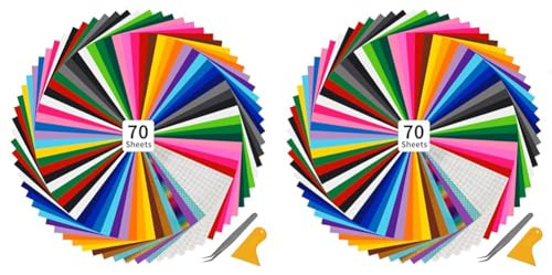 Withosent Plotterfolie Vinyl 70 Stück, Vinylfolie Plotter Selbstklebend 30x25 cm, 65 Vynilplotterfolie Glitzer + 5 Transferfolie, Vinylfolie für Glas Tassen Fenster DIY Dekoration (Packung mit 2)