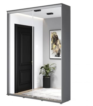 Meble Slupia - ZUZA 2 Garderobenschrank - Kleiderschrank mit Spiegel und Schiebetüren - 140x242x45cm - Kleiderstange Schrank - für Schlafzimmer, Flur - Laminierte Platte, Anthrazit
