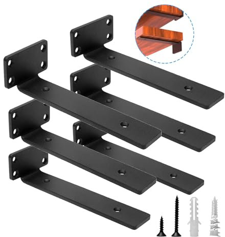 Ranedo Scaffold Board Shelf Brackets 6 Inch (155mm) - 6 Pack Heavy Duty Metal L Brackets, 5mm Thick Shelf Supports, Industrial Black Raw Steel