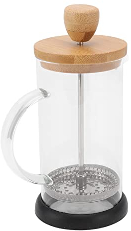 French Press Coffee Tea Machine with Wooden Lid Press Pot Heat Resistant Tea Coffee Brewer Pot Borosilicate Glass Beaker (350ml Bamboo Cover)