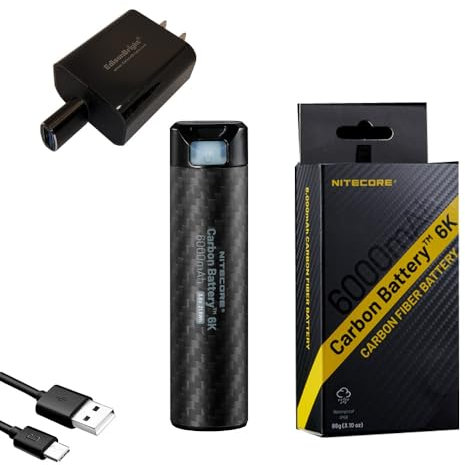 EdisonBright Nitecore Batterie carbone 6 K pour lampe frontale NU40, NU43, NU45, NU50, HC65 UHE avec adaptateur de charge EBR