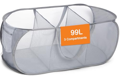 Diggoour Durable Collapsible Laundry Baskets, 3 Compartment Pop Up Laundry Hamper with Handy Pocket, Foldable Clothes Hamper Reinforced Carry Handles for Laundry, Bathroom, Apartment or Travel Grey