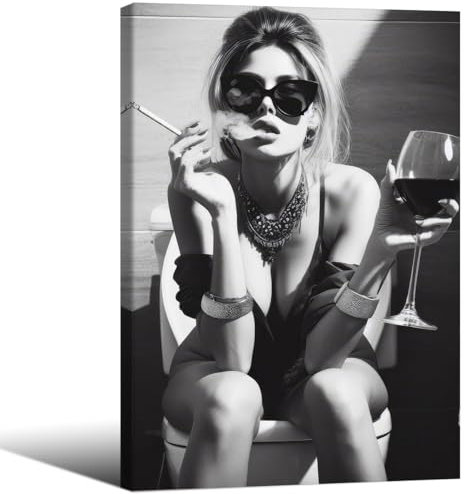 WBSTGUE Modernes sexy Frauen-Poster, Schwarz-Weiß-Fotografie, Leinwand-Kunst, Frau auf Toilette, raucht und trinkt Wein, Badezimmer-Wanddrucke, Bilder für Bar, Badezimmer, WC, Dekoration, 40,6 x 61