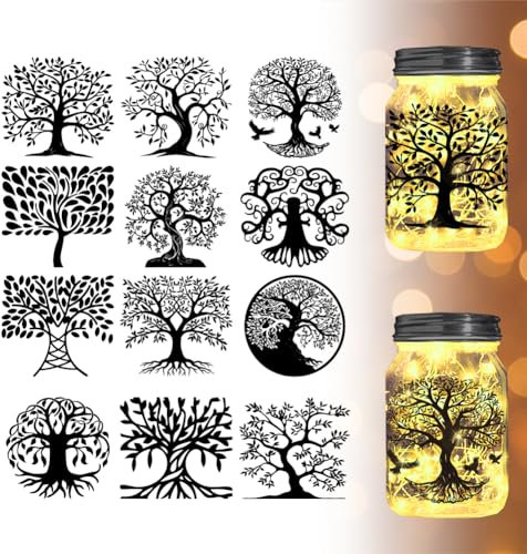 BEUNITONE Baum des Lebens Silhouette Ausschnitte Aufkleber, 12 Stück PVC, Schwarz, Wand, Fenster, Gläser Dekor