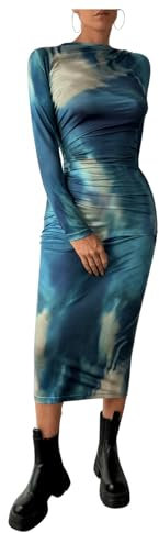 GORGLITTER Maxikleid Damen Elegant Langarm Batik Kleid Figurbetontes Kleid Herbst Gerafftes Kleid Lang Farbverlauf Kleid Blau M