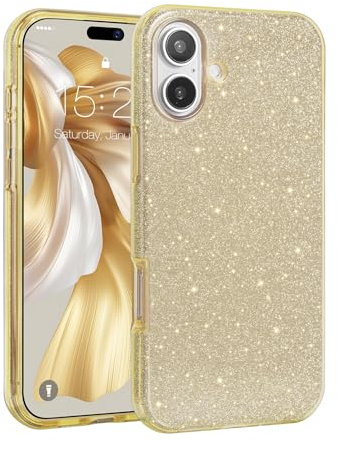 MATEPROX Handyhülle Kompatibel mit iPhone 16, Glitzernde 3-Schicht Schutzhülle für Mädchen und Frauen, Stoßfest und Kratzfest, Trendy Hülle für iPhone 16 2024-Gold