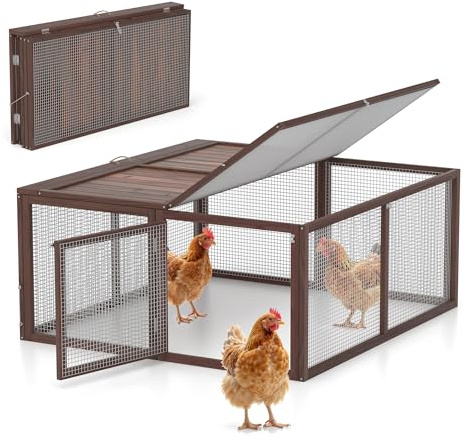 Chicken Coop, Wooden Rabbit Hutch Outdoor Indoor Folding Bunny Cage with Handle Portable Chicken Run with Top & Side Opening Doors Small Animal Playpen No Assembly Pet Poultry Cage for Bunny(Brown)