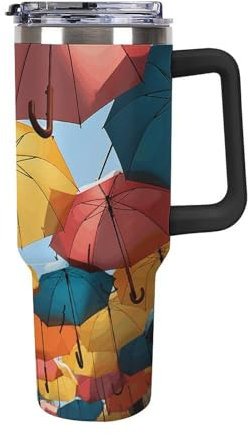 RKJVB 40 Oz Stainless Steel Vacuum Insulated Car Cup Black Colored Umbrellas Printed Leak Proof Tumbler With Handle And Straw Coffee Mug Water Bottle for Cold Hot Drinks