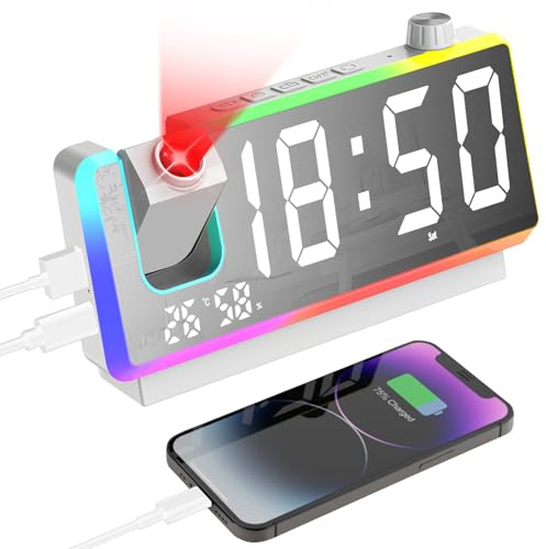 Cuteefun Projection Alarm Clock, 7 Digital Clock, 8 RGB Night Light, White | 180° Projector, Dual Alarms, Snooze, Dual USB Ports, Dimmer, Temp & Humidity, Projector Clock for Bedroom, Ceiling, Bedside
