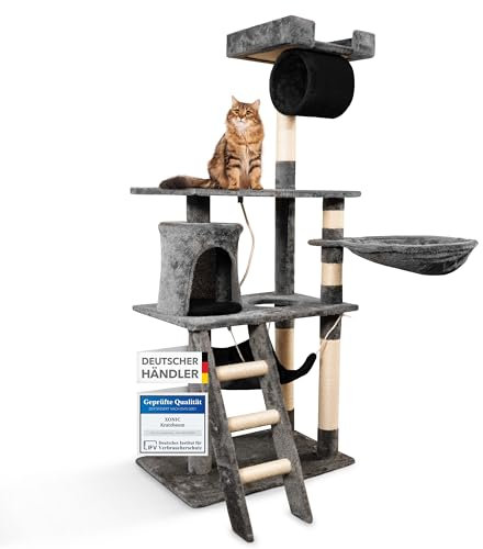 Foxdevil by xonic® Stabiler Kratzbaum für Katzen - Vielseitiger Katzenkratzbaum mit Aussichtsplattform, Hängematte, Kuschelhöhle, Spielkordel, Treppe – 141 cm Hoch – (Grau/Schwarz V1)