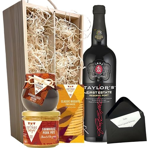 Taylor’s First Estate Reserve Port Gourmet Hamper – 75cl Bottle with Pâté, Caramelised Onion Chutney & Biscuits in Wooden Box – Food & Drink Gift for Him or Her
