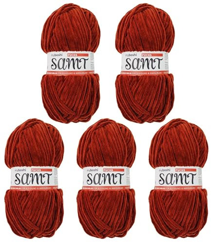 myboshi Samt Wolle zum Häkeln und Stricken, weiche Chenille Wolle im XXL-Knäuel, perfekt für Amigurumi und Kissen, 100% flauschige Polyester, 100g, Ll 100m Rot (Fuchs) 5 Knäuel