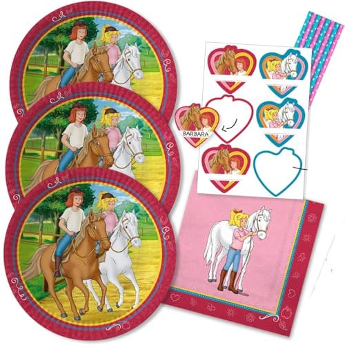 48-teiliges Party-Set - Bibi und Tina - Teller Namensaufkleber Servietten Trinkhalme für 8 Kinder