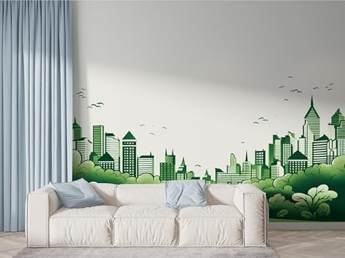 Selbstklebende Tapete Grün Stadt Wandbilder, Vlies Fototapete mit Urban Motiv, 3D Effekt Wandtapete Deko, Abziehen & Aufkleben, 150x100 cm - N-120