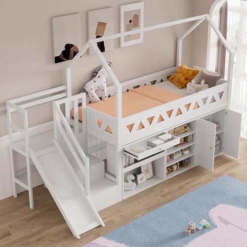 Jaxenor Kinderbett 90x200 mit Magnetischer Tür, Hochbett mit Rutsche und Treppen, Hausbett für Kinder und Jugendzimmer, Massivholz mit Lattenrost, Ohne Matratze, Weiß