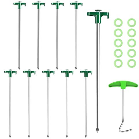 10PCS Heavy Duty Metal Tent Pegs, Includes 1PCS Nail Puller and 10PCS Fluorescent Ring, Durable Steel Camping Pegs for Hard Lands, Forests, Garden, Canopies, Lawns, Outdoors – Green