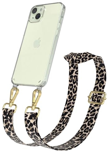 EAZY CASE Handykette - Verstellbares Taschenband kompatibel mit iPhone 15 Plus, Schulterriemen, Handykordel mit Silikon Hülle, Umhängetasche, Leo - Schwarz Beige Gold