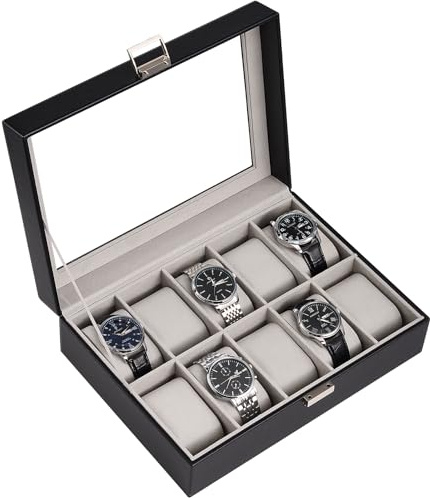 ProCase Porta Orologi Uomo a 10 Posti, Scatola Orologi in Pelle, Custodia Orologi con Coperchio in Vetro, Idea Regalo Portagioie Uomo Organizer per Orologi -Nero
