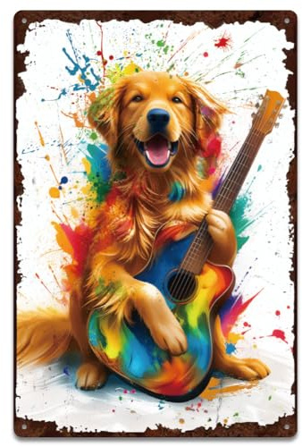 SUPERDANT Blechschild Golden Retriever Und Gitarre Blechschilder Retro Hund Musik Metallschild Wanddekoration Metallschilder Für Wohnzimmer Bars Restaurants Cafés Pubs Heim Wandkunst