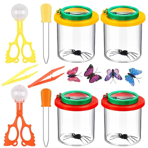 LUFEIS 10 Stück Becherlupe Set, Lupenglas Set, Mit 4 Lupendose, 2 Pinzette, 2 Gummitropfer und 2 Insektenfänger Scherenzange, für Outdoor Wissenschaft Natur Erkundung