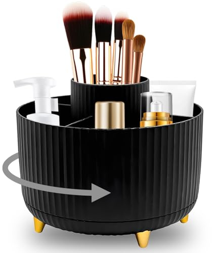 pozuauoa 360°Degree Rotating Makeup Organiser, Black Makeup Organiser with 5 Compartments Make up Brush Holder Table Organisers, Dressing Table Organisers for Dressing Table Office Bedroom
