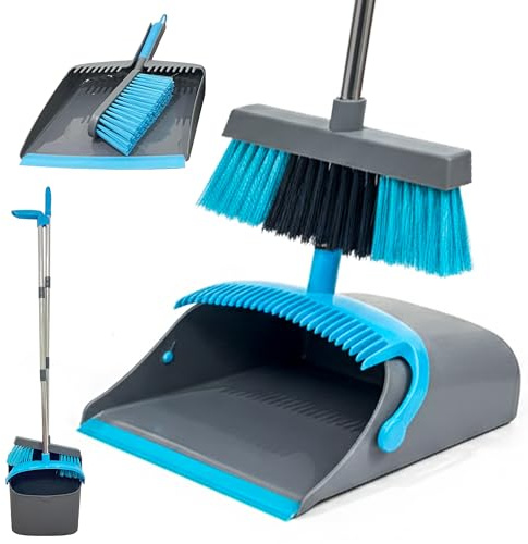 MEOWN 4 Piece Long Handle Dustpan and Brush Set, Upright Broom and Dustpan with Soft Bristles for Laminate Wooden Floors and Pet Hair, Standing Easy Store Cleaning Set for Indoor and Outdoor Use