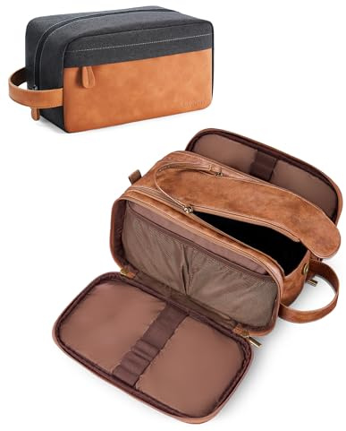 Elviros Travel Toiletry Bag Gift for Men,Mens Toiletries Bag Gifts Set Shaving Dopp Kit Water-Resistant Bathroom Toiletries Organizer PU Leather Cosmetic Bags 2 Piece Brown