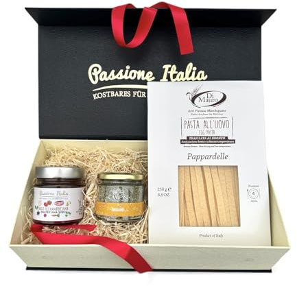 Geschenkbox I Geschenkset - Piccolo Regalo - kleines Geschenk (Eier Nudel Pappardelle, Amatriciana Soße mit Guanciale, Oregano) mit italienischer Feinkost