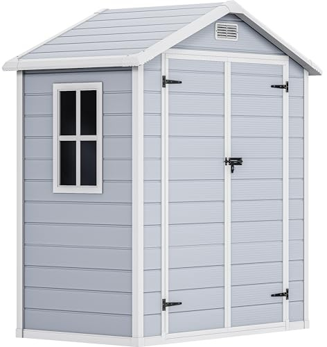 YITAHOME Kunststoff Gartenhaus 6,2x3,4 Fuß (ca. 189x104cm) mit Lüftung & Fenster, Aufbewahrungsschuppen mit abschließbarer Tür und integriertem Boden für Garten, Hof und Terrasse, Kaltgrau