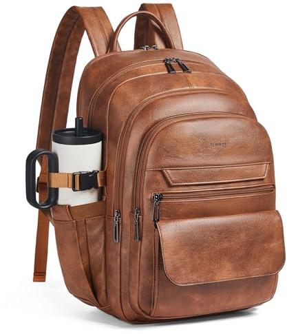 tiamyi Sac à Dos en Cuir Végan Homme et Femme, Compatible avec Ordinateur 17 Pouces, Bagage Cabine avec Port USB et Sangle Valise, Design Élégant, Brown