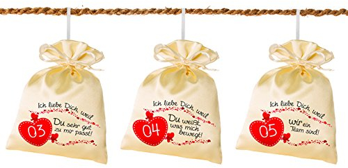 24 Adventskalender Beutel (8 x 10 cm) - Ich Liebe Dich Weil … mit Kokosschnur