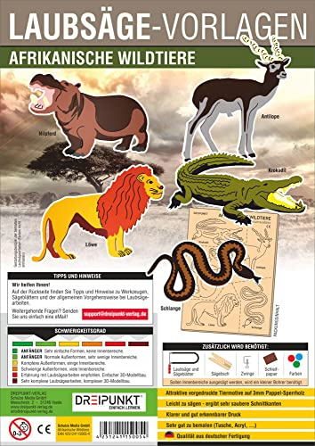 Laubsägevorlage Afrikanische Wildtiere: Laubsägevorlage für sechs afrikanische Wildtiere aus hochwertigem 3mm Pappelsperrholz.