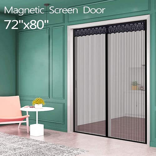 Schermo magnetico porta 72 (w) X 80 (h) per porte francese/porte scorrevoli in vetro / porte del patio, a mani libere, zanzariere e insetti tenda nera