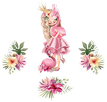 Osomhome Wandtattoo Kinderzimmer Mädchen Prinzessin mit Flamingo (140x130cm) | Kinderzimmer Deko Babyzimmer Wanddeko | Wandaufkleber Wandbild Kinderbilder Wandsticker | Blumen Blumenkrone os6630