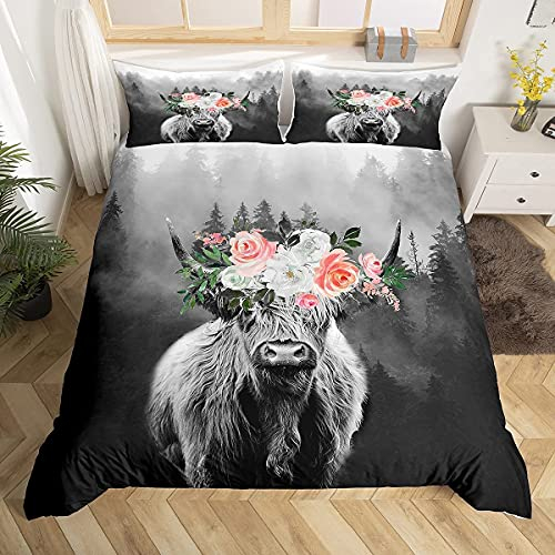 Highland Kuh Bettbezug, Stiere, Rinder, Blumenmuster, Bettwäsche-Set, Western Bauernhof, Tier, Schmusetuch für Jungen und Mädchen, Kinder, Nebel, Natur, Raumdekoration, Überzug, King Size