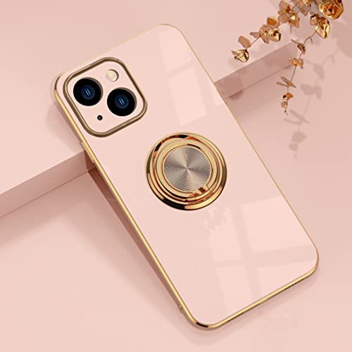 EYZUTAK Electroplated Magnetic Ring Holder Case, 360 Degree with Rotation Metal Finger Ring Holder Magnet Car Holder Soft Silicone Shockproof Cover for iPhone 13 6.1 inch - Light Pink