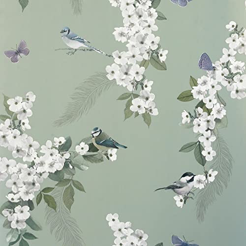 World of Wallpaper Mitzu Oriental Bird and Blossom Themed Floral Wallpaper Perfect for Living Rooms Bedrooms Hallways or Feature Walls in a Soft Sage Green Colour 900105