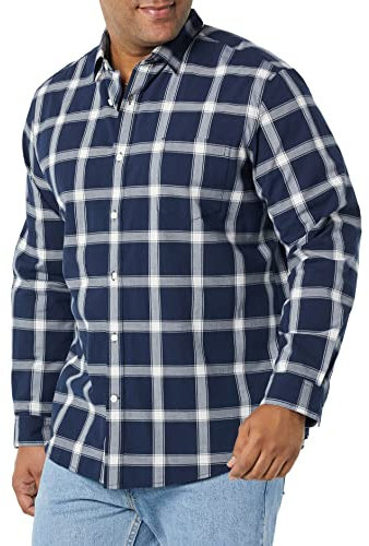 Amazon Essentials Chemise en Popeline Extensible À Manches Longues Et Coupe Standard Homme, Bleu Marine Blanc Carreaux Lainés, XL