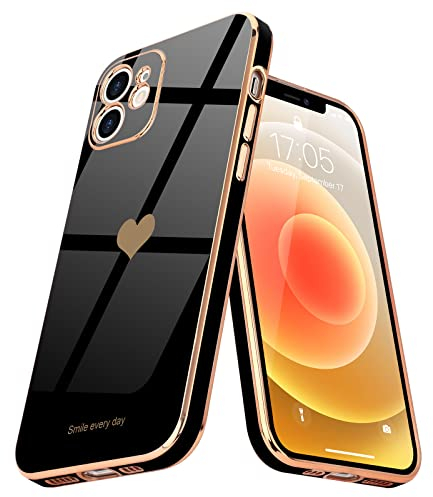 Teageo for iPhone 12 Case Cute Heart Pattern for Women Girls Slim Luxury Bling Plating Soft TPU Anti-Scratch Shockproof Bumper Phone Case for iPhone 12, Black