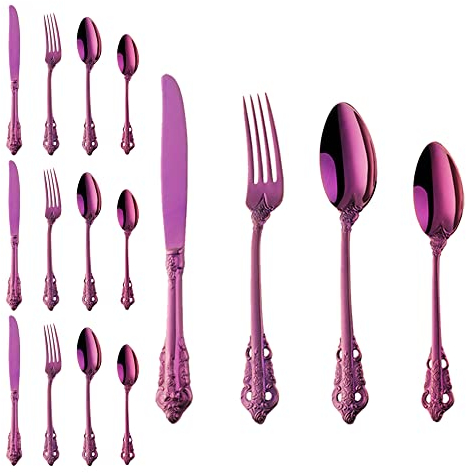 16 pièces Titane plaqué Violet Ensemble de Couverts, Set Argenterie de Table 4 Personnes Inox, Comprend des couteaux/fourchettes/cuillères, Miroir Poli et Lavable au Lave-vaisselle (Violet Brillant)