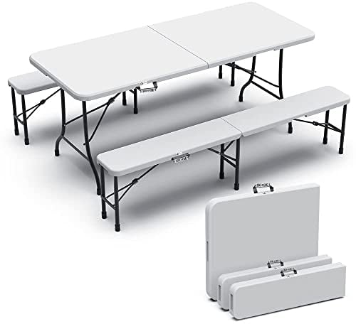 VOUNOT Bierzeltgarnitur Klappbar 3-teilig Set, 1 Biertisch & 2 Bierbänke, Festzeltgarnitur 180x75x72 cm Gartengarnitur Campingset Klapptisch, Weiß