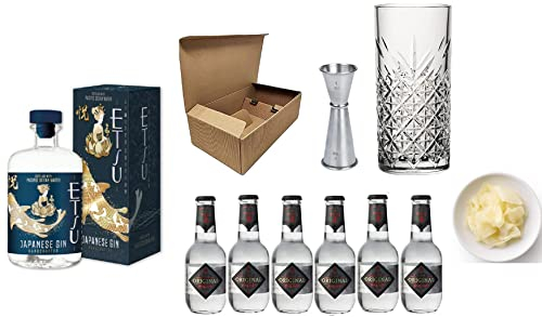 KIT JAPANESE GIN & TONIC Etsu Pacific Ocean Water Gin Limited Edition + Yuzu Tonic Water + Bicchiere Tumbler Alto + Jigger Professionale + Zenzero fresco a fette ideale per l'abbinamento !
