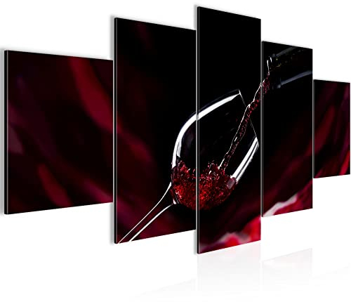 Runa Art Tableau mural Vin Cuisine 5 Parties Impression sur Toile Intissee Decotation Salon Salle à manger Verre Noir Rouge 042252a