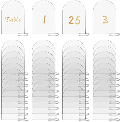 YWNYT 40 Stück transparentes Bogen-Acrylschild mit Ständer, 10 x 15 cm, Leere Acrylplatten, Tischkarten, Bogen, Tischnummern, Schilder für Hochzeit, Abendessen, Party, Bankett, Lebensmittel