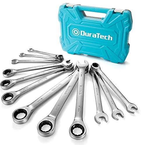 DURATECH Lot de 12 Clés Plate à Cliquet, Ensemble de Clés à Cliquet Combinées Système Métrique à tête Fixe et à Extrémité Ouverte, 8-19 mm, Acier Cr-V, Organisé dans une Mallette de Rangement