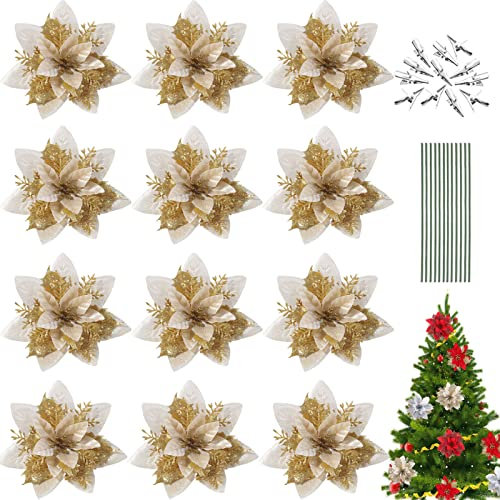 12 Stück Weihnachten Funkeln Weihnachtsstern Blumen, Glitzer Deko Weihnachtsblumen mit Clips + Vorbauten, Glitzer Weihnachtsblume Hochzeit Weihnachtsbaum Weihnachtstürkranz (Gold)