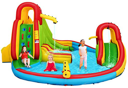 RELAX4LIFE Castillo hinchable, 460 x 420 x 233 cm, parque acuático para niños con 2 toboganes, subidas de escalada, piscina con cañón y sofá, canasta con pelota de baloncesto (sin soplador)